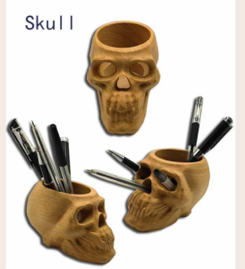 Skull Style Beech Wood Pen Holder, Functional Desk Organizer, Gothic Decor