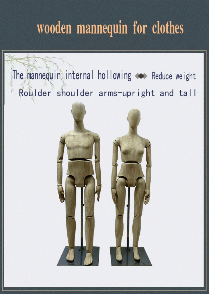 Wooden Mannequin for Clothes, Male and Female Set, Rubber Wood Material, Internal Hollowing Design, Upright Shoulder-Arm Posture, Lightweight for Retail Display