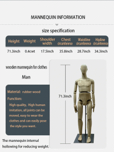 Male Rubber Wood Mannequin, Size Specification, Articulated Joints, Hollow Design