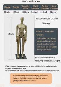 Female Rubber Wood Mannequin, Size Specification, Articulated Joints, Hollow Lightweight Design
