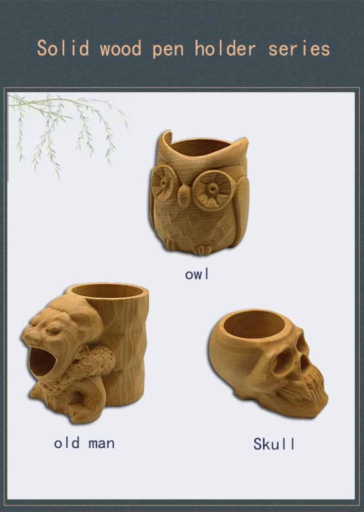 Solid Wood Pen Holder Series, Beech Wood, Owl/Old Man/Skull Designs