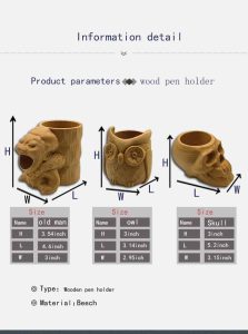 Solid Wood Pen Holder Series, Beech Wood, Size Parameters, Owl/Old Man/Skull Designs