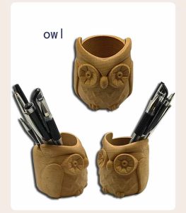 Owl Style Beech Wood Pen Holder, Cute Desk Organizer, Nature Decor