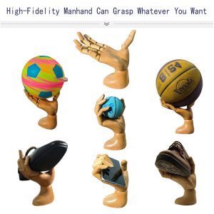 High-fidelity articulated wooden hand model grasping various objects (balls, shoes, phone), demonstrating versatile holding capability