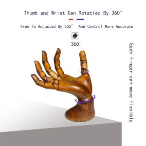 Articulated Wooden Hand - Open Palm (Female), Vintage Style, 360° Rotatable Thumb and Wrist, Flexible Fingers, European Beech Wood