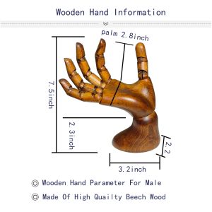 Articulated Wooden Hand - Open Palm (Female), Vintage Style, Size Parameter Diagram, European Beech Wood Dimensions