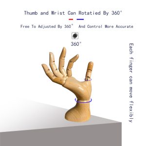 Male articulated wooden hand with 360° rotatable thumb and wrist, flexible finger movement for product display