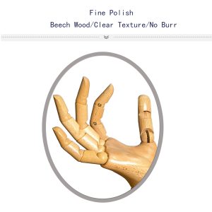 Close-up of male articulated wooden hand, fine polished beech wood with clear texture and no burrs
