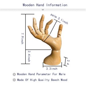 Male articulated wooden hand dimension diagram, made of high-quality beech wood, with detailed size measurements