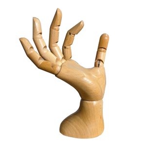 Articulated male wooden hand model with open palm design, easy to hold products for display