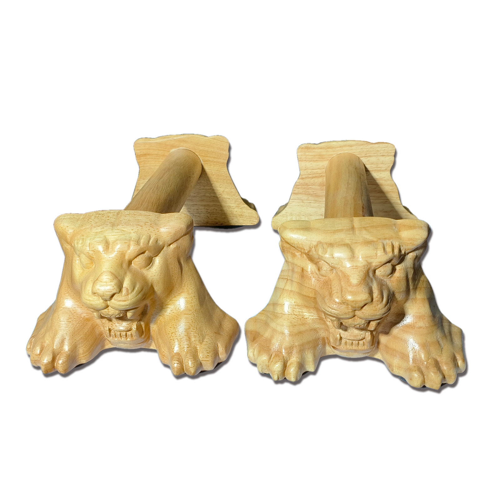crafted tiger head wooden pushup bars made of solid European beech wood, functional fitness equipment with artistic wood carving