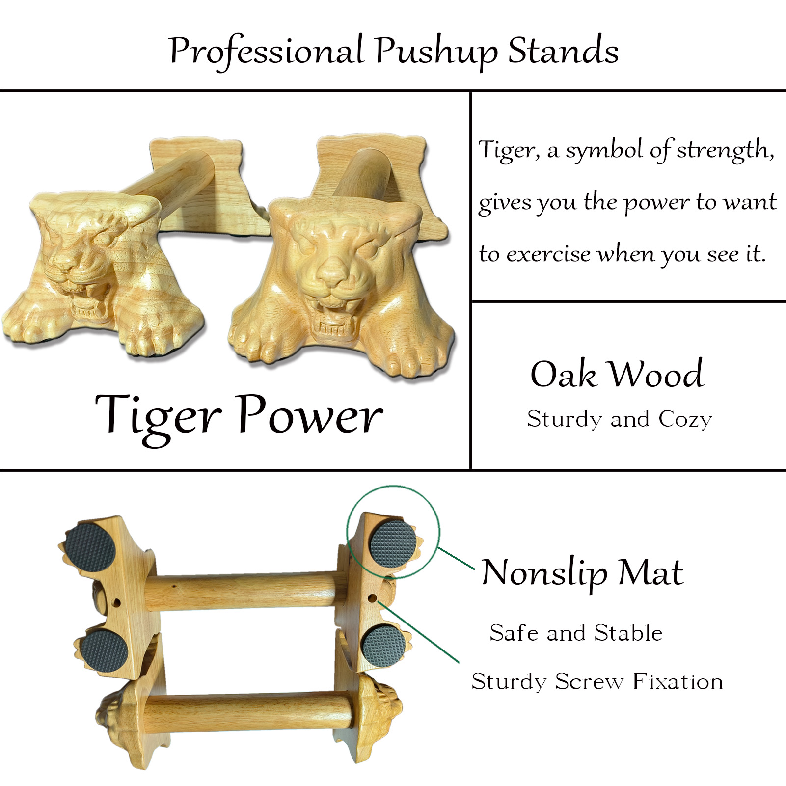 Professional tiger head wooden pushup stands with oak wood, nonslip mats, and screw fixation, showcasing strength and stability for fitness training