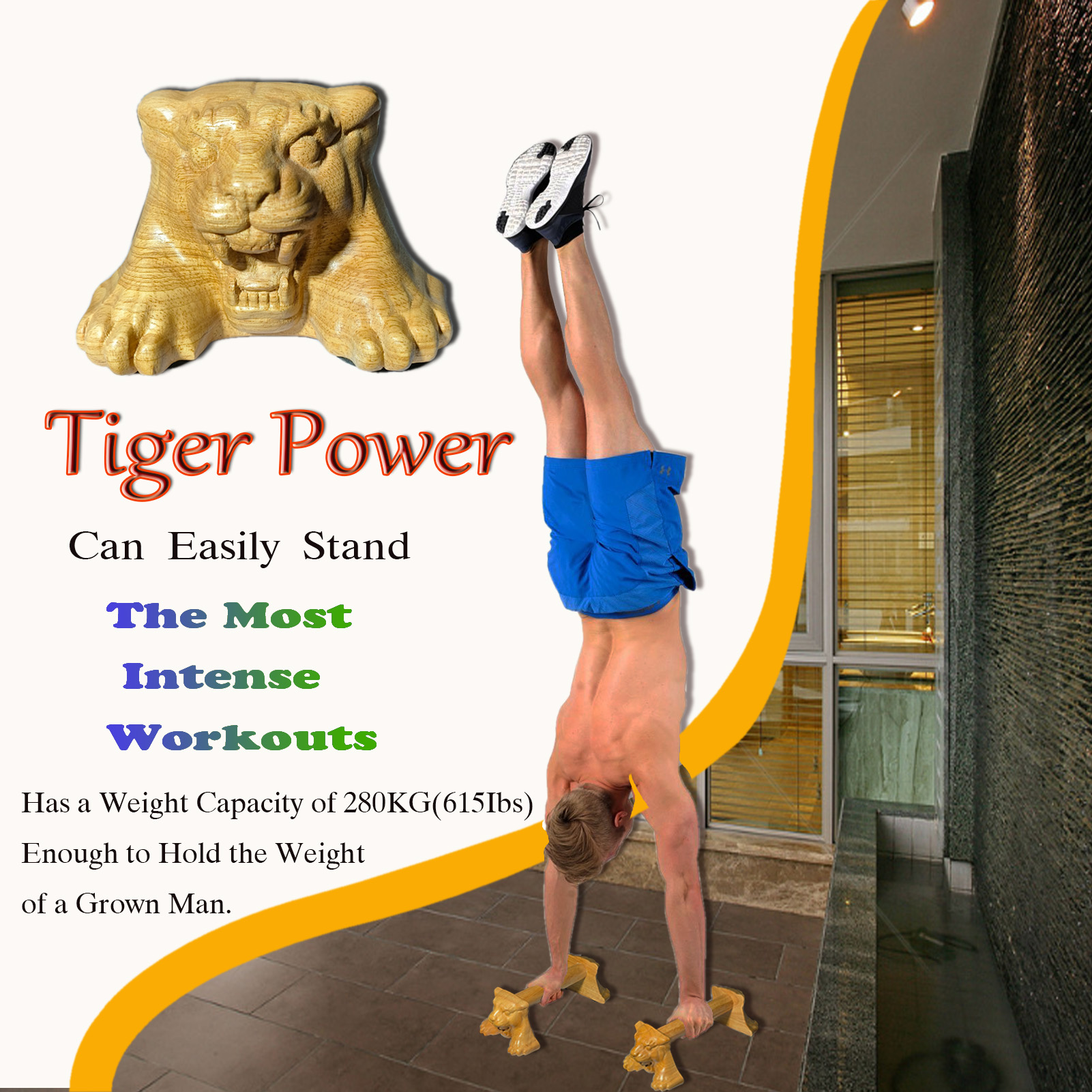 Tiger Power wooden pushup bars in use, supporting a man doing handstand, showcasing 280KG weight capacity and stability