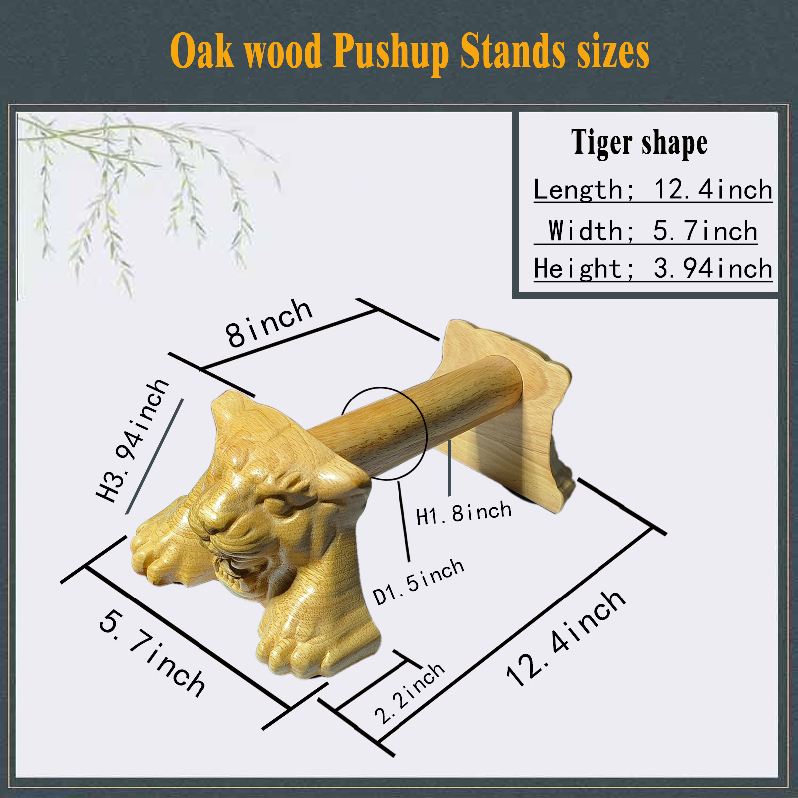 Tiger-shaped oak wood pushup stands dimension diagram, showing length, width, height and detailed measurements