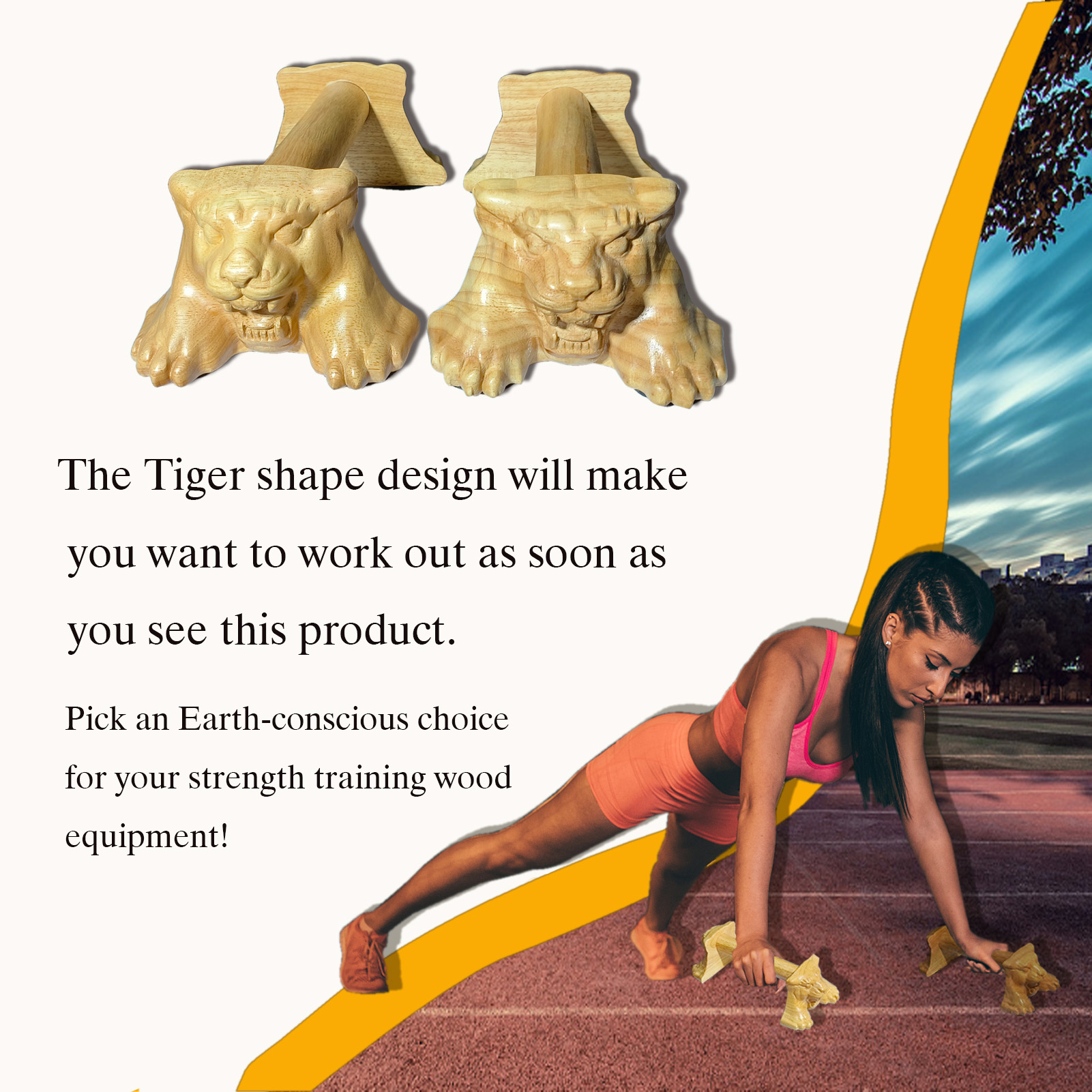Tiger-shaped wooden pushup bars being used for outdoor plank workout, eco-friendly strength training equipment with motivational design