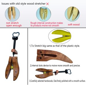 Vintage Style Oak Wood Shoe Stretcher Comparison Chart, Highlighting Improvements Over Old-Style Stretchers
