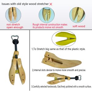 Comparison of Old vs New Wooden Shoe Stretcher, Highlighting Improvements in Stretching Range, Smooth Operation, and Hardwood Material