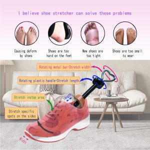 Vintage Wooden Shoe Stretcher in Sneaker Demonstration, Highlighting Pain Points and Adjustable Functions for Length, Width, Instep, and Side Spots