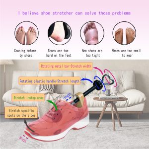 Wooden Shoe Stretcher in Sneaker Demonstration, Highlighting Pain Points and Adjustable Functions for Length, Width, Instep, and Side Spots