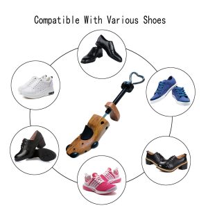Vintage Rubber Wood Shoe Stretcher Compatibility Chart, Showing It Works with Dress Shoes, Sneakers, Boots, and Other Footwear Types