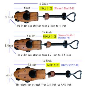 Vintage Wooden Shoe Stretcher Size Chart with Small, Medium, Large Dimensions and Compatible Shoe Sizes for Men and Women