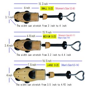 Wooden Shoe Stretcher Size Chart with Small, Medium, Large Dimensions and Compatible Shoe Sizes for Men and Women