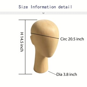 Female beech wood head mannequin size details: height 14.5", circumference 20.5", base diameter 3.8"