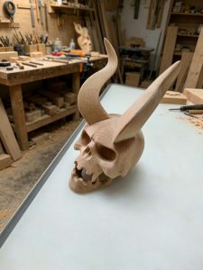 Handmade Beech Wood Skull in Workshop