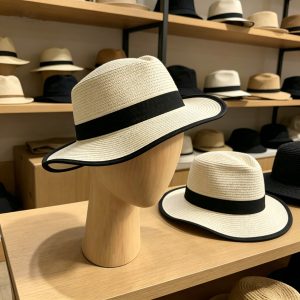 Beech wood head mannequin displaying straw fedora hats in retail store