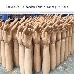 Solid carved wooden female mannequin hand for jewelry display, customizable