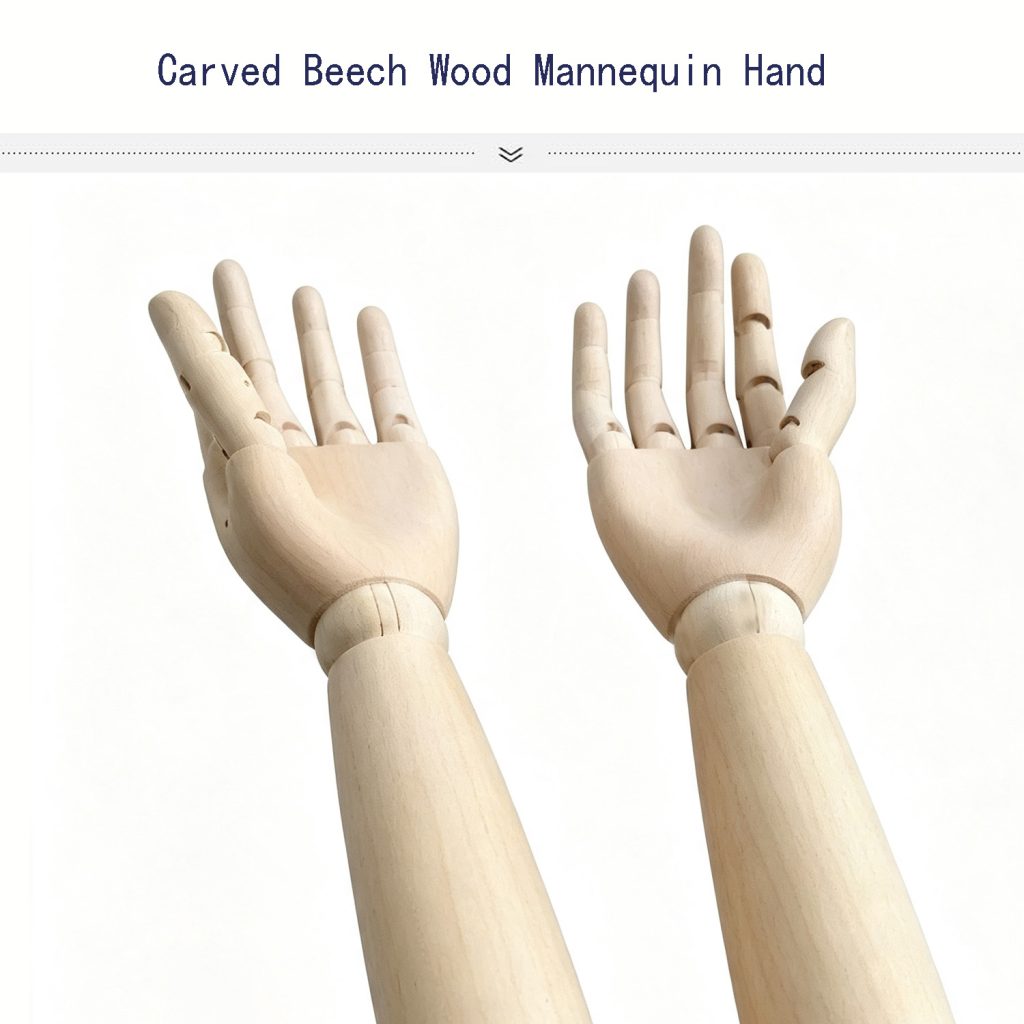 Machine-carved solid beech wooden mannequin hands with articulated carved fingers, clothing store display wooden arm props