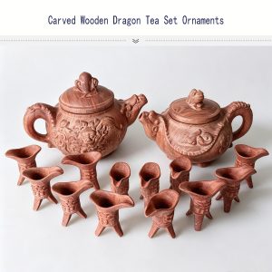 Carved wooden dragon teapot and wine cup set, solid beech wood Chinese vintage tea set ornaments with natural wood grain