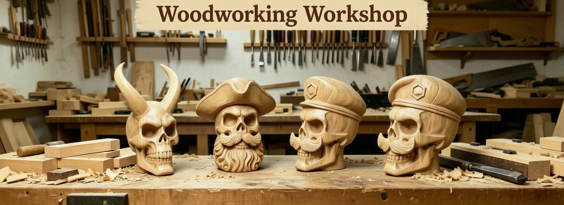 Hand carved solid wood skull sculptures, handmade wooden skull ornaments workshop homepage banner