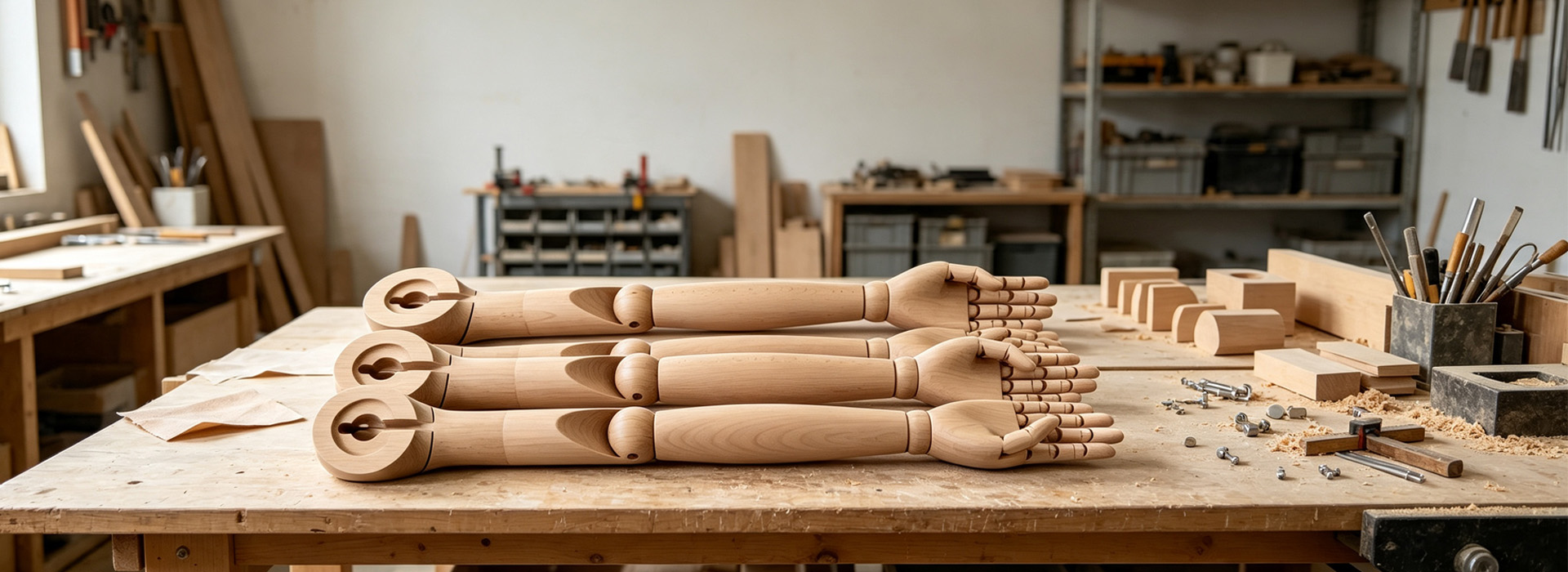 Articulated wooden mannequin arms on workshop workbench, solid wood display parts factory banner