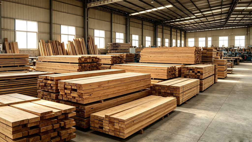Warehouse storage area stacked with natural solid beech and walnut raw timber planks