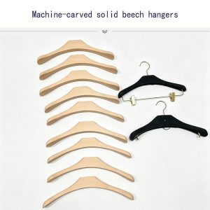 Machine-carved solid beech wood hangers, unfinished natural wood hanger blanks & black leather covered garment hangers with trouser clips for clothing boutique display