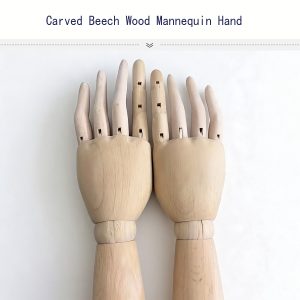 Machine-carved solid beech wood mannequin hands, back view of articulated carved fingers for clothing and jewelry display props