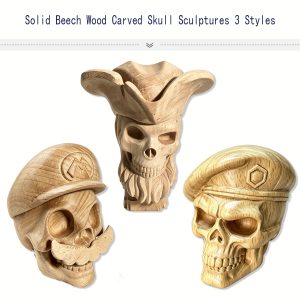 Three styles CNC carved solid beech wood skull sculptures with different hats, unfinished raw wooden skull ornaments for home tabletop decoration