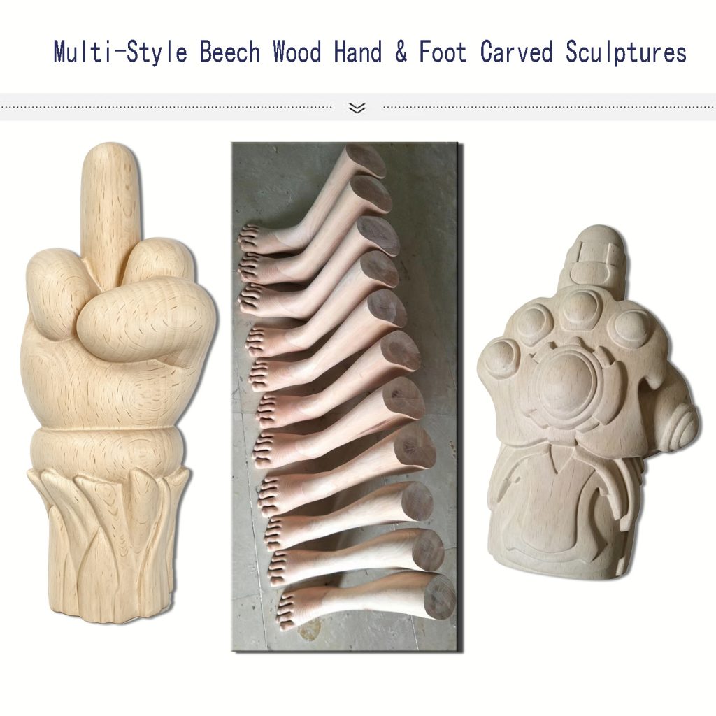 Multi styles CNC carved solid beech wood hand sculpture, infinity gauntlet wooden statue and wooden mannequin feet props, unfinished raw wood carving ornaments for display and decoration