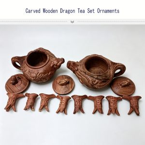 Unfinished solid beech wood carved dragon teapot set with lids and vintage wine jue cups, blank wooden tea craft ornaments for painting and collection