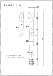 Female wooden mannequin arm 2D engineering drawing, dimension specifications in millimeters