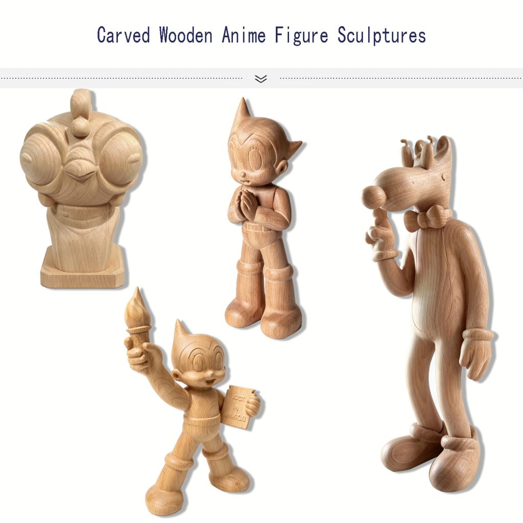 Multiple styles CNC carved solid beech wood anime character figurines, unfinished raw wooden cartoon sculpture ornaments for desktop display decoration