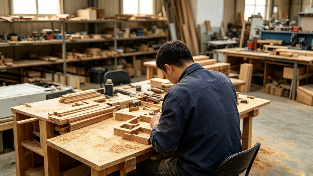 Worker inspecting finished solid wooden display crafts for strict quality control