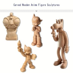 Multiple styles CNC carved solid beech wood anime character figurines, unfinished raw wooden cartoon sculpture ornaments for desktop display decoration
