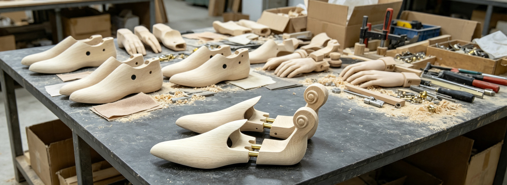 Solid wood shoe stretchers and mannequin limbs, wood workshop banner