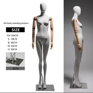 White fiberglass female full body mannequin with round shoulder movable wooden arms, standing dress form display mannequin with metal base, size 184cm