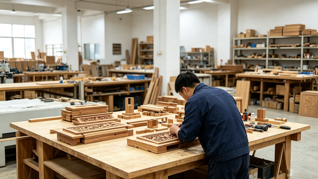 Worker hand polishing solid beech wood crafts to create smooth natural wood surface texture