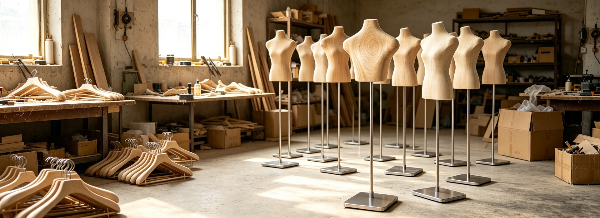 Solid wood half-body torso mannequins with metal stands, natural beech wooden clothes hangers, wood carving workshop factory banner