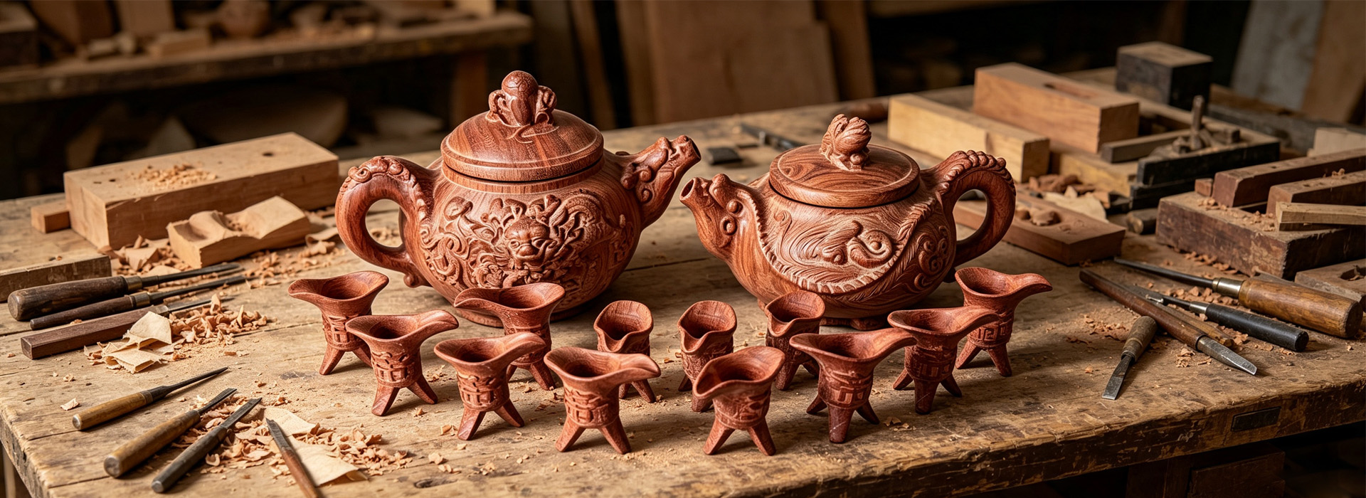 Carved wooden dragon tea set on carpentry workbench, wood craft factory banner