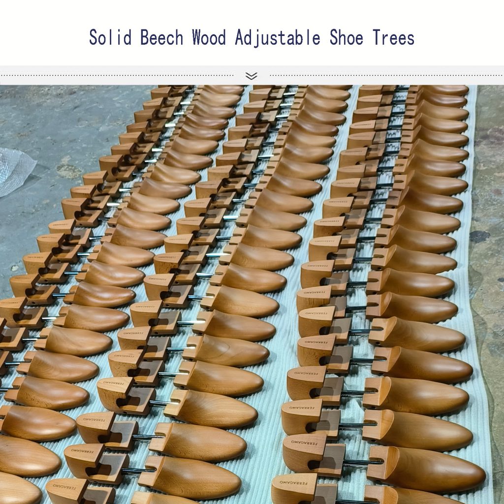 Bulk stock photo of adjustable solid beech wood shoe trees, wooden shoe stretchers to maintain shoe shape and prevent creases